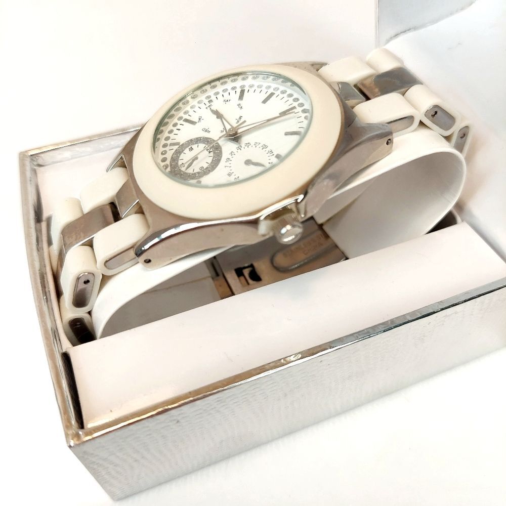 Accutime Ivory Silicone Faux Chronograph Watch w/ Crystal Accents - 8" B… - Picture 4 of 8